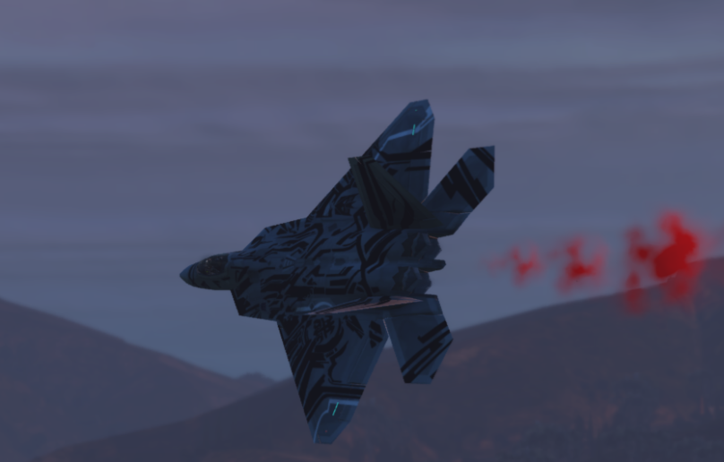Custom-livery F-22 Raptor stealth fighter firing flares at dusk on MCS FiveM dogfight server