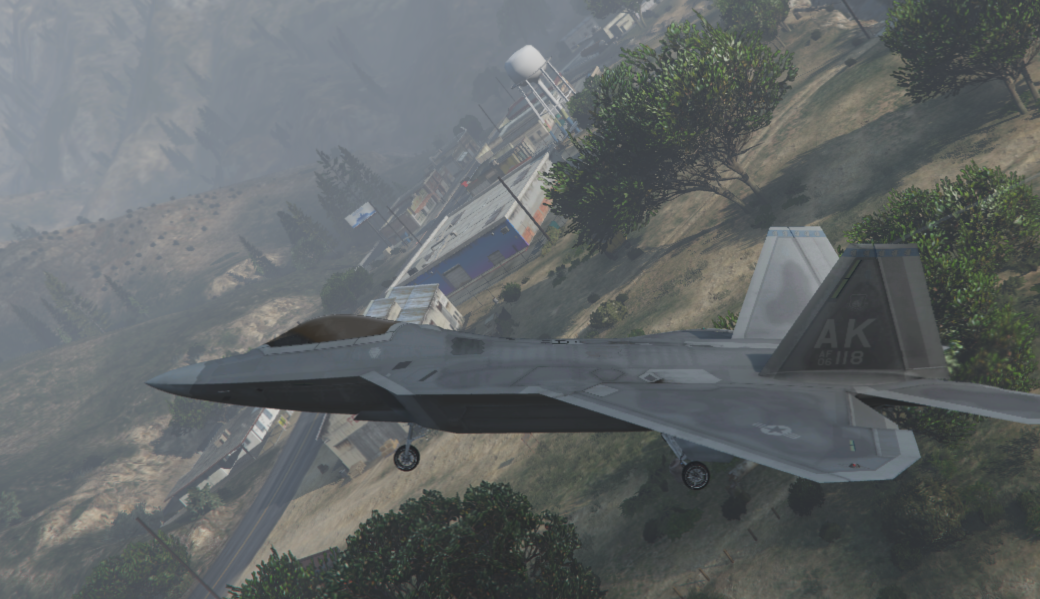 F-22 Raptor low-level flight over forest terrain on MCS FiveM combat simulator
