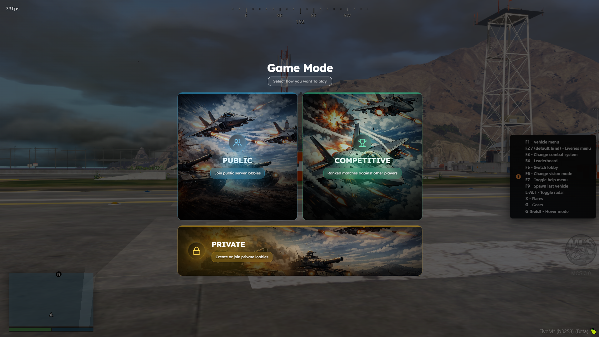 Game mode selection screen on MCS FiveM server — Public, Competitive and Private match options