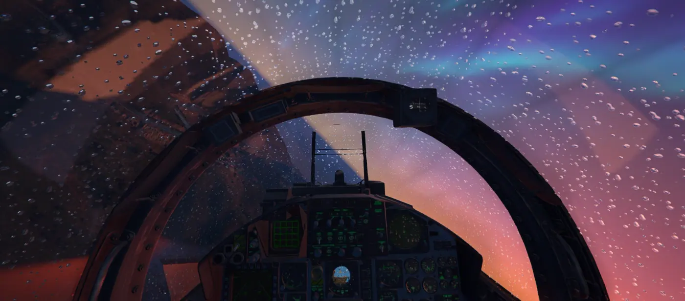 Pilot view from a fighter cockpit with rain beading on the canopy and an aurora burning over the horizon on the MCS FiveM server
