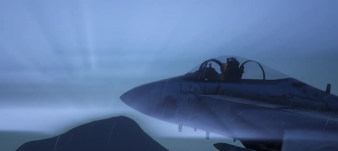 F-15J Eagle cockpit and pilot seen up close through driving rain on a low visibility sortie on the MCS FiveM server
