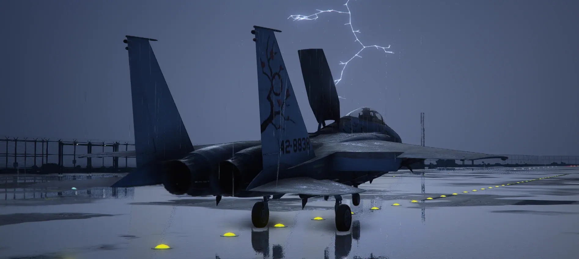 F-15J Eagle in cherry blossom livery holding on a rain soaked runway as lightning breaks over the airbase on the MCS FiveM server