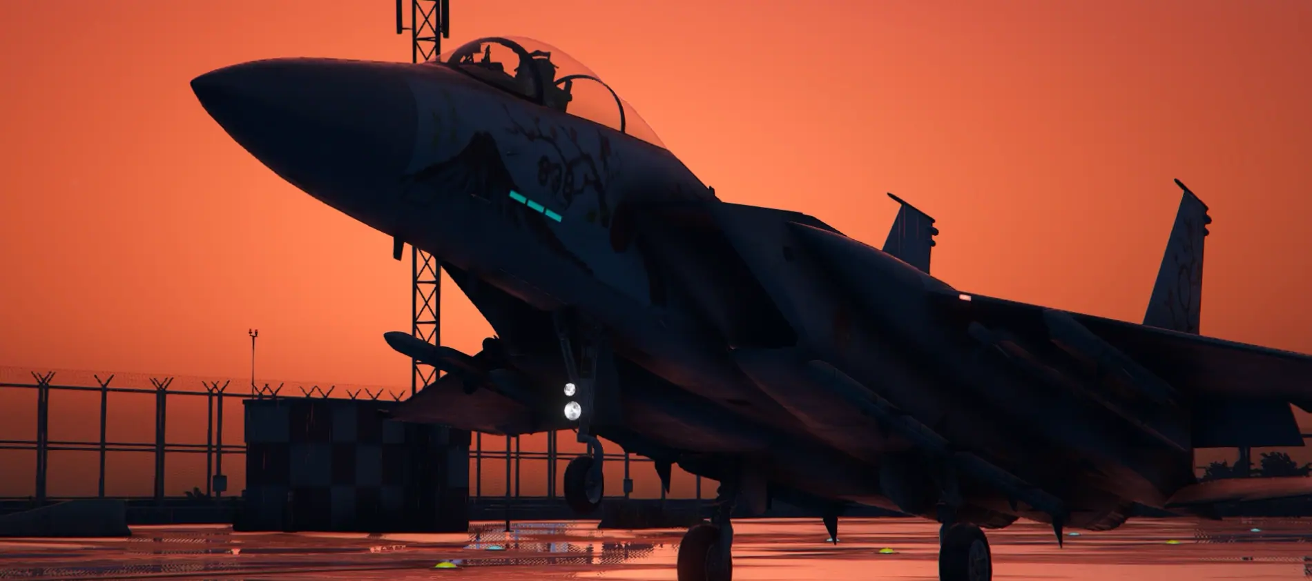 F-15J Eagle in cherry blossom livery on the apron under a burning orange sunset on the MCS FiveM server