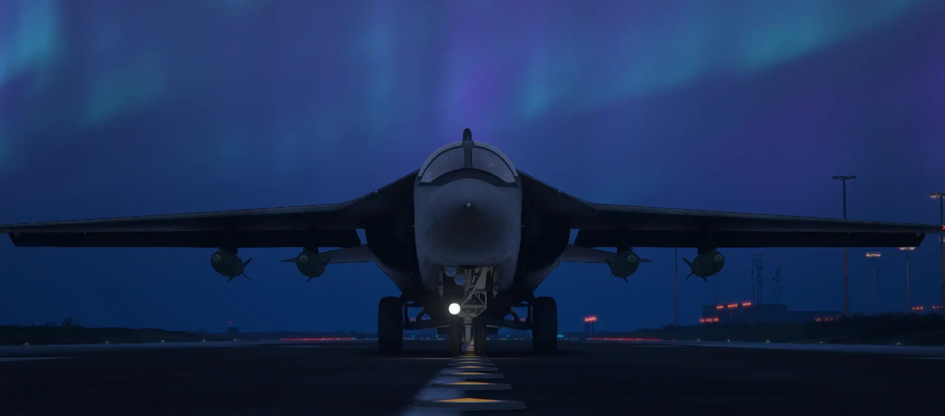 F-111 Aardvark head on at the runway threshold with an aurora burning over the airbase on the MCS FiveM military combat server