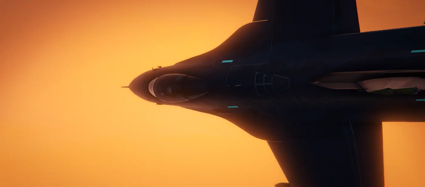 F-16 Fighting Falcon seen from below against a burning orange sky on the MCS FiveM military combat server