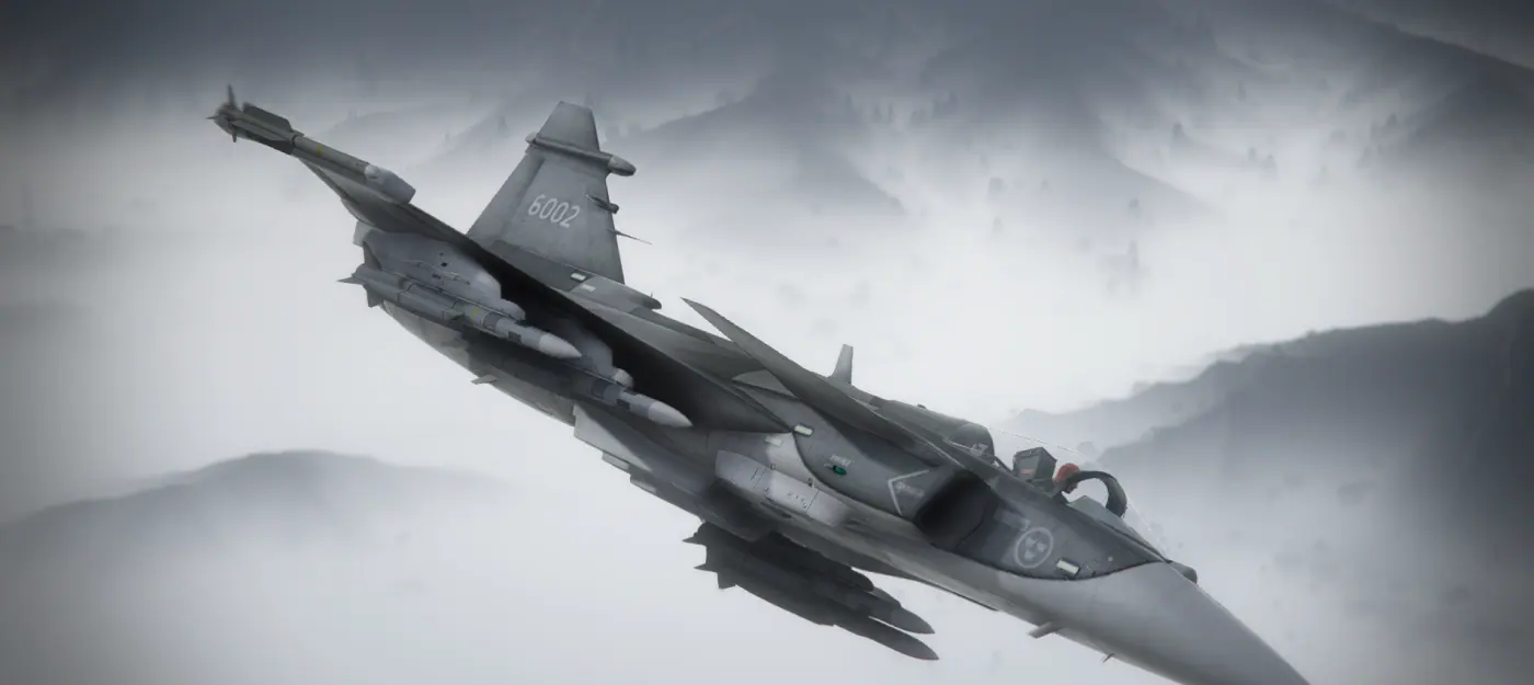 Saab JAS 39 Gripen banking hard above a mist filled mountain valley on the MCS FiveM server