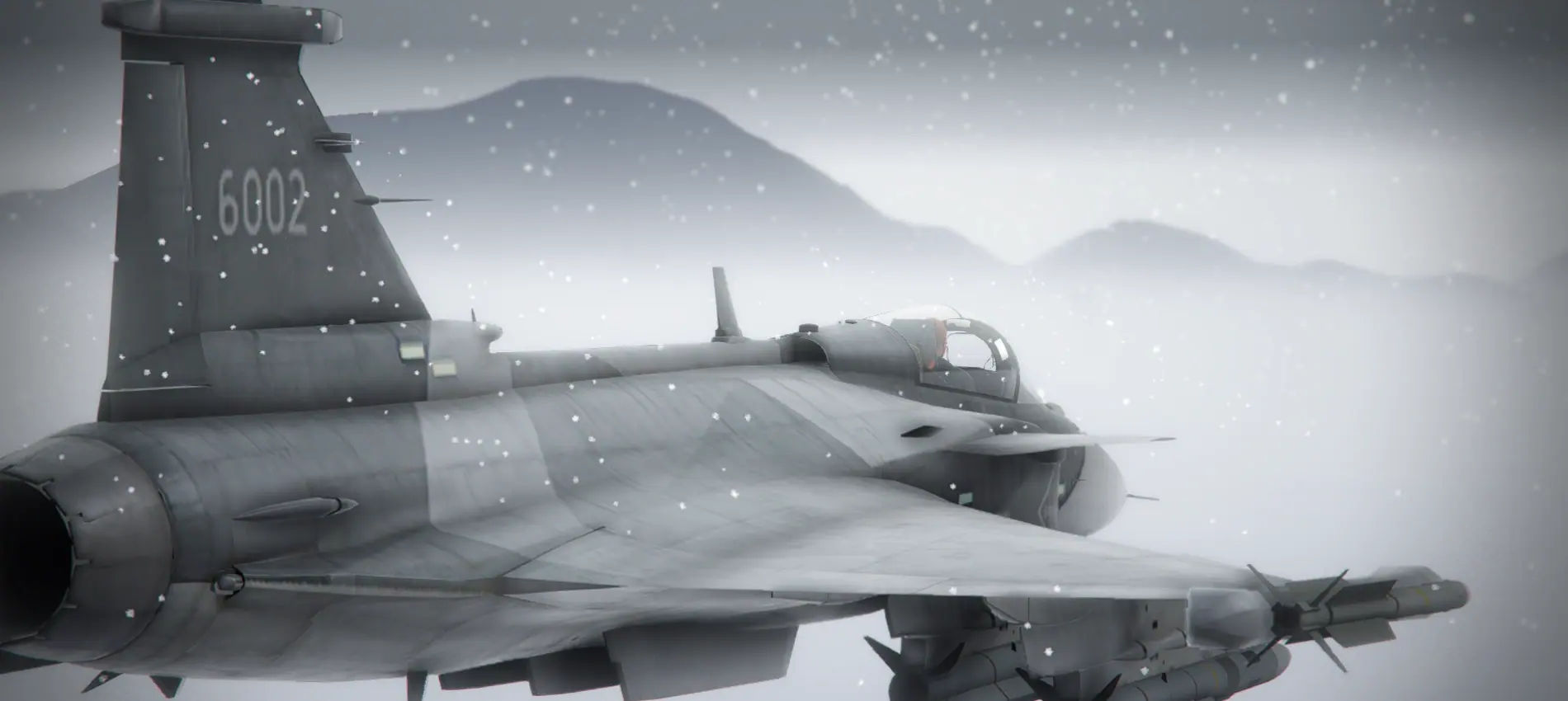 Saab JAS 39 Gripen on a snow covered apron in falling snow on the MCS FiveM military combat server