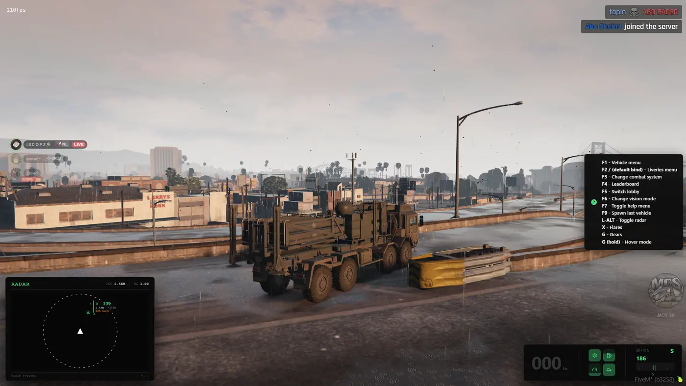 Military HEMTT heavy transport on a city street with the MCS FiveM combat HUD overlay