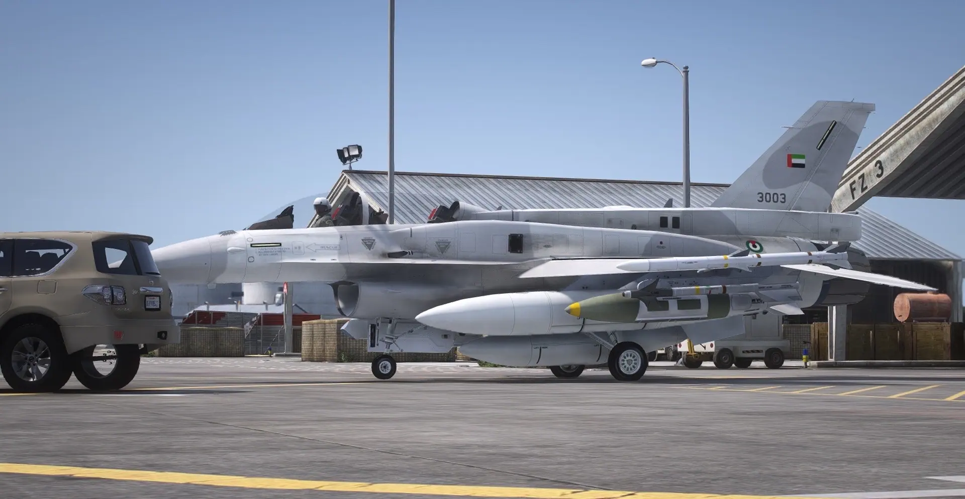 F-16 Fighting Falcon parked inside a military airbase hangar on the MCS FiveM server