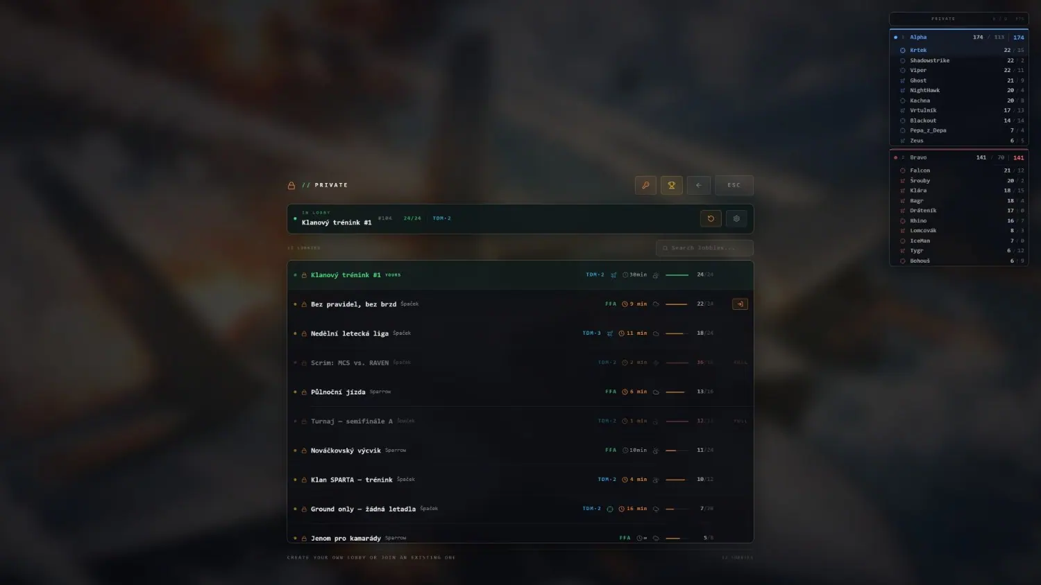 Managing your lobby on the MCS FiveM server. Your own lobby sits on top: restart the round, jump in, or open settings straight from the list.