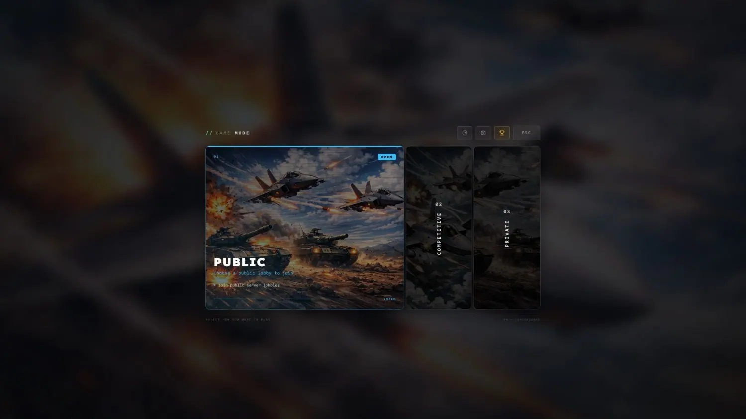 Main menu on the MCS FiveM server. Three modes - public, competitive and private. The focused tile expands while the rest step back.