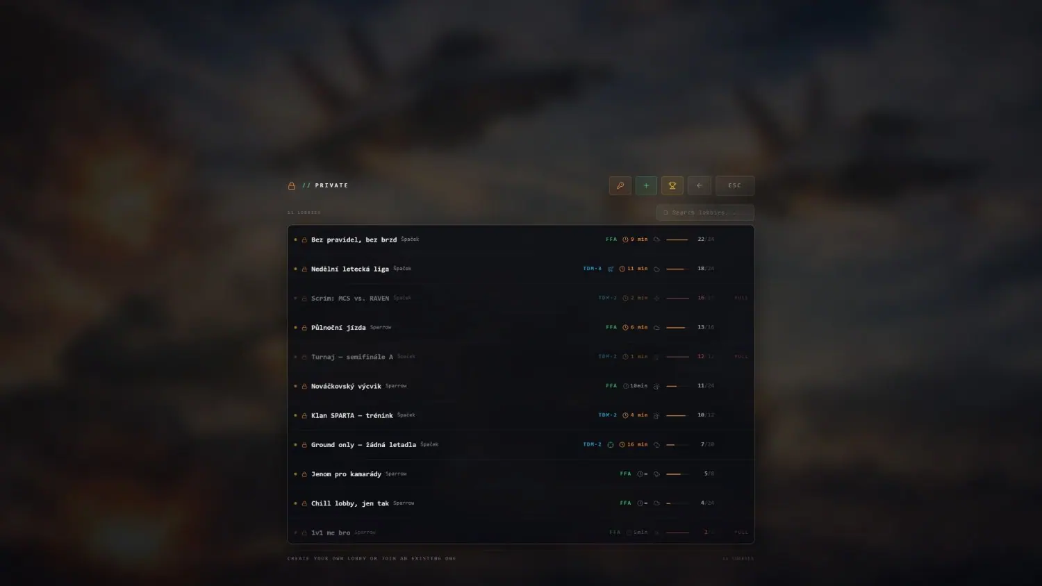 Private lobby browser on MCS FiveM listing locked player hosted matches with host, mode, time left and capacity