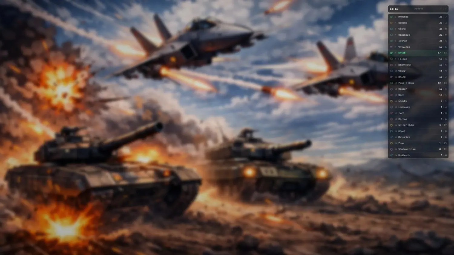 Free for all scoreboard over jets and tanks fighting the same combined arms round on MCS FiveM