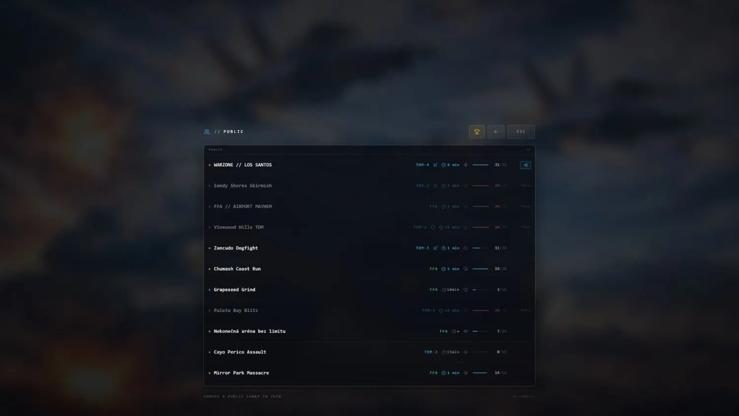 Public lobby browser on MCS FiveM listing live matches with mode, weather, time left and player capacity
