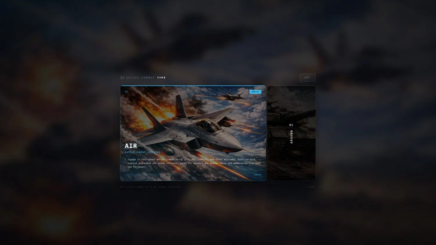 Combat type selection on MCS FiveM with the air card expanded next to the ground armour option
