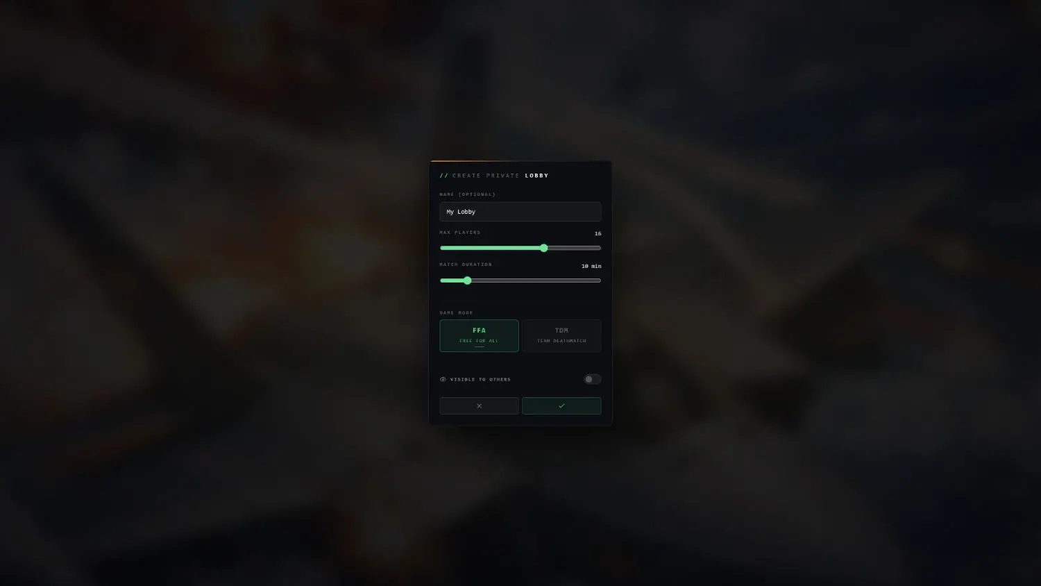 Creating a lobby on the MCS FiveM server. Name, capacity, round length, mode and visibility - all on one screen.
