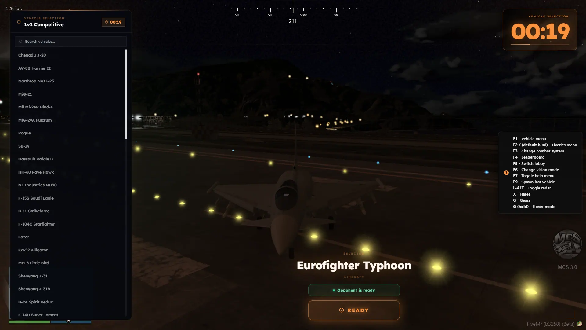 The MCS vehicle menu on FiveM with the full roster of aircraft and armour open to spawn